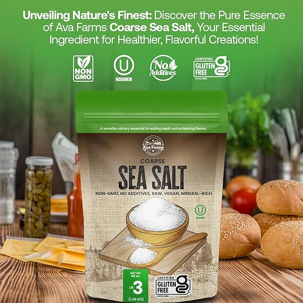 AVA FARMS SEA SALT – COARSE – 3 LB. –GLUTEN-FREE, NON-GMO, VEGAN, RAW, KOSHER, MINERAL RICH – RESEALABLE BAG