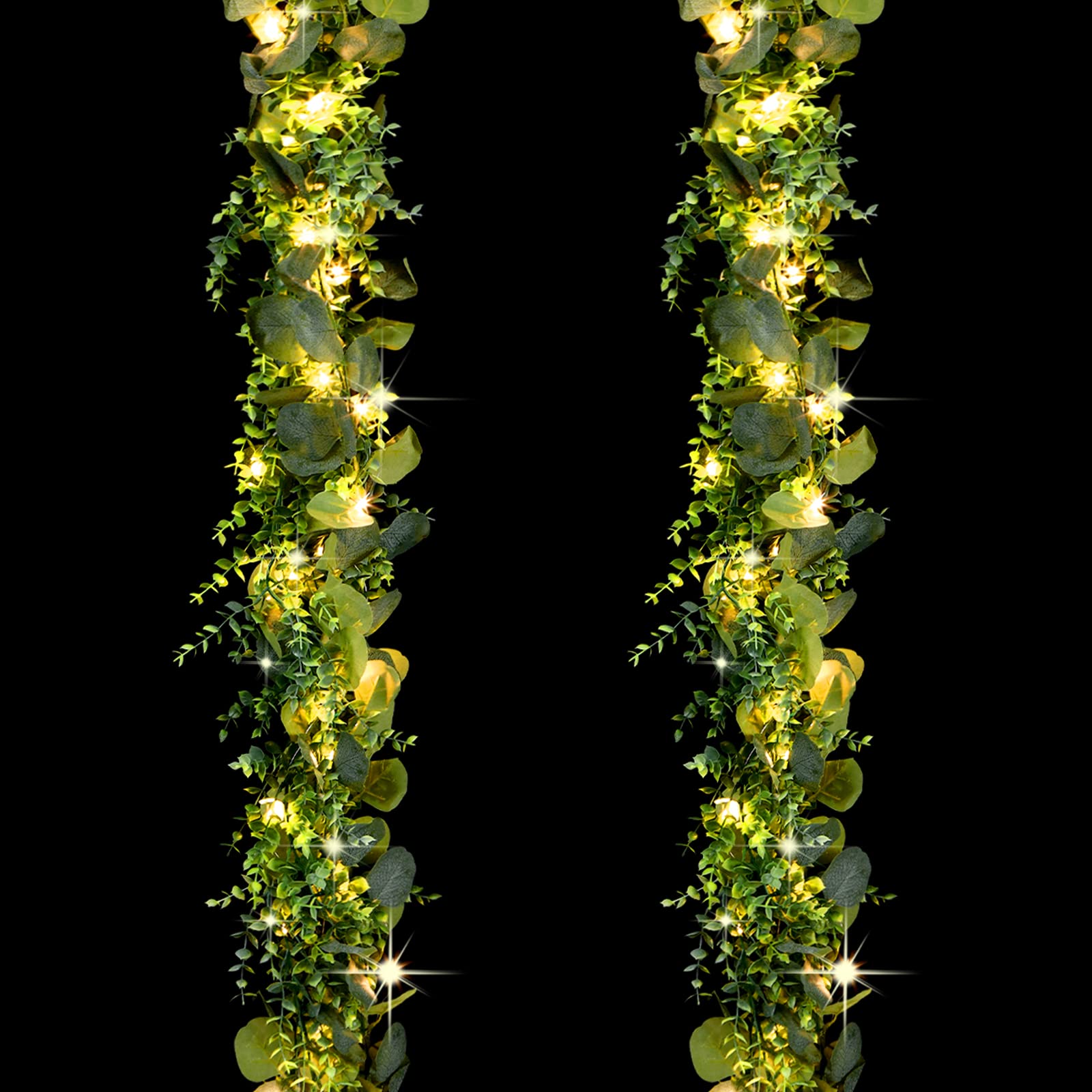 Photo 1 of 2 Pack 6 ft Artificial Eucalyptus Garland with Lights Spring Garland with 20 LED Fairy String Lights Fake Eucalyptus Greenery Leave Vine Wedding Decor for Fireplace Mantel Table Indoor Outdoor