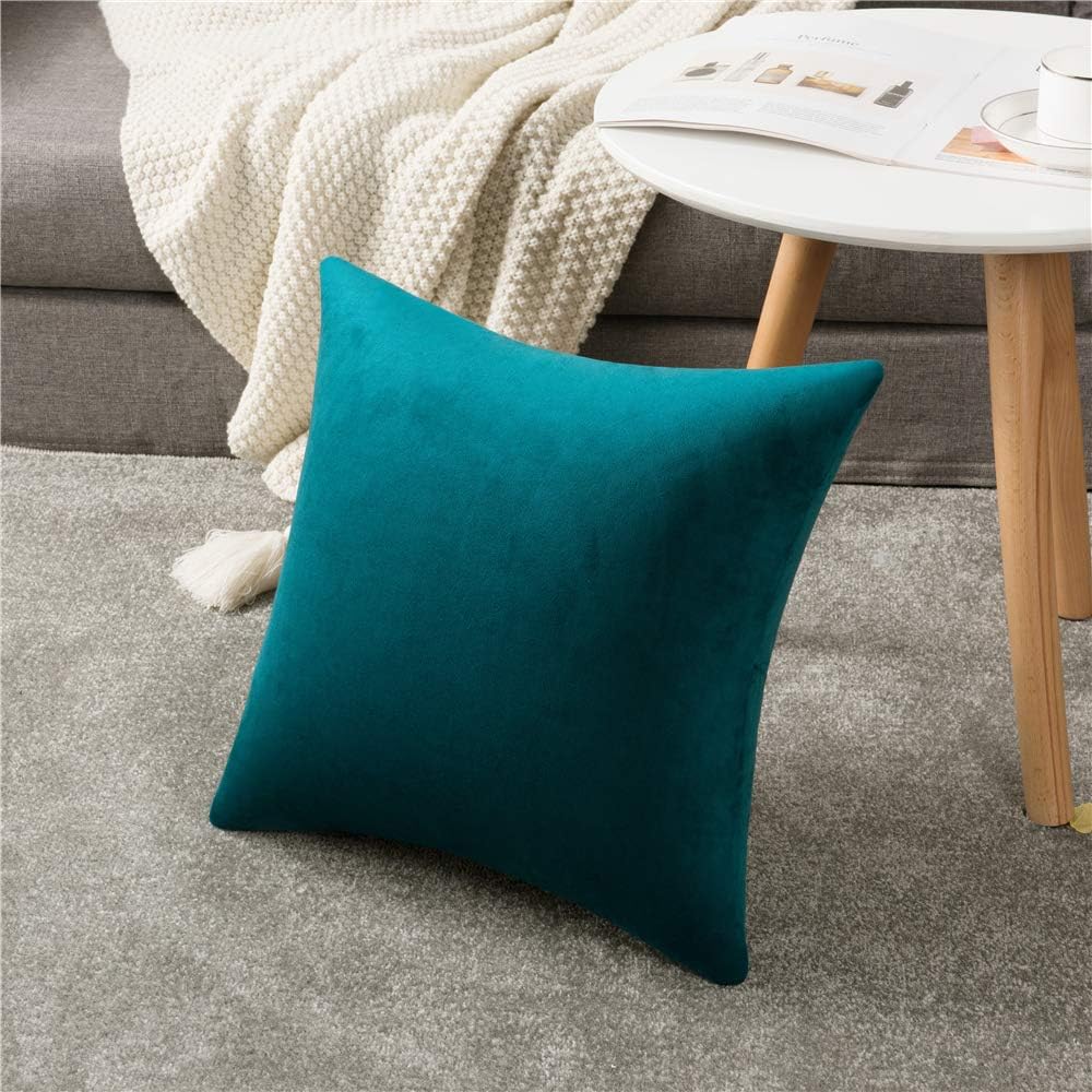 DEZENE Throw Pillow Cases 18x18 Teal: 2 Pack Cozy Soft Velvet Square Decorative Pillow Covers for Farmhouse Home Decor: Home & Kitchen