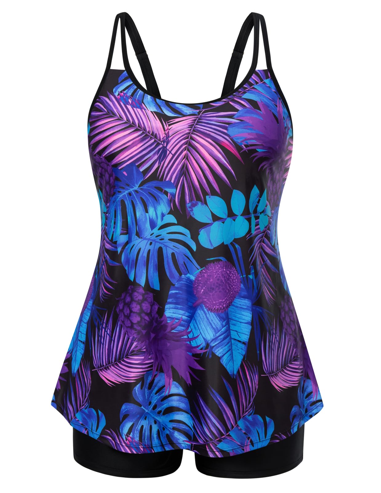 Photo 1 of 2 Piece Bathing Suits for Women Plus Size Push Up High Waisted Swimwear Tops with Shorts Purple Print 3X