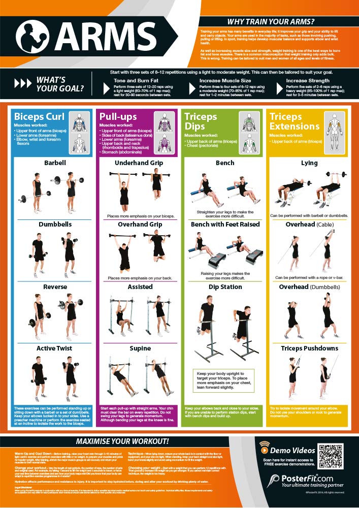 Arms Exercise | Full Arms Workout | Improves Strength Training | Laminated Gym and Home Poster | Includes Online Video Training Support | Size - 594mm x 420mm (A2) | Improves Personal Fitness