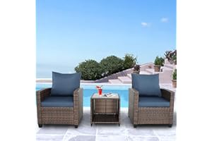 BPTD 3 Pieces Patio Furniture Set Balcony Furniture PE Rattan Wicker Outdoor Sofa Set with Washable Cushion and Tempered Glass Table to for Balcony,Garden and Poolside (Brown+navy Blue)