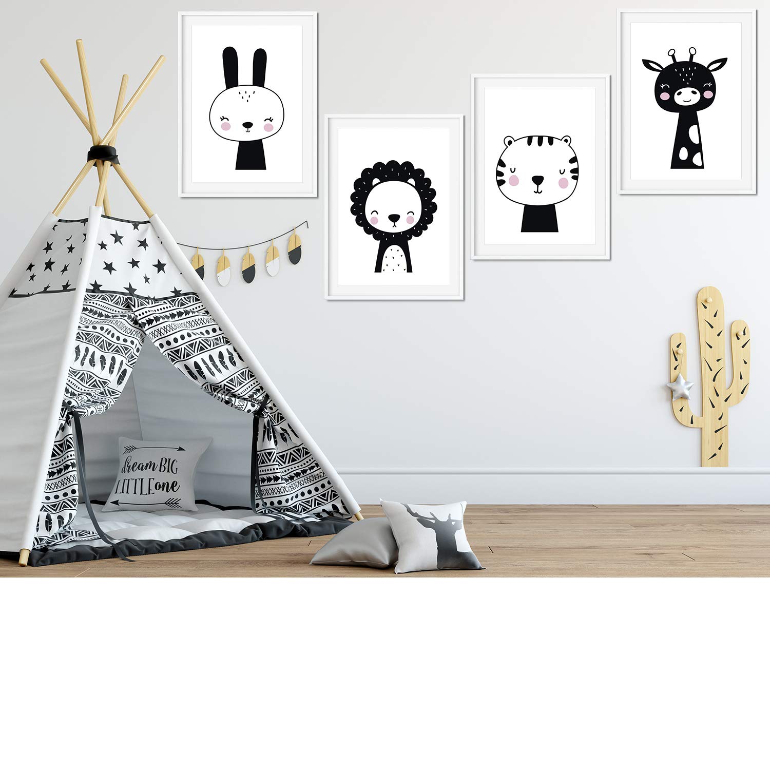 Nacnic Set of 4 posters room for children and child size Scandinavian style black and white A3Animales unframed