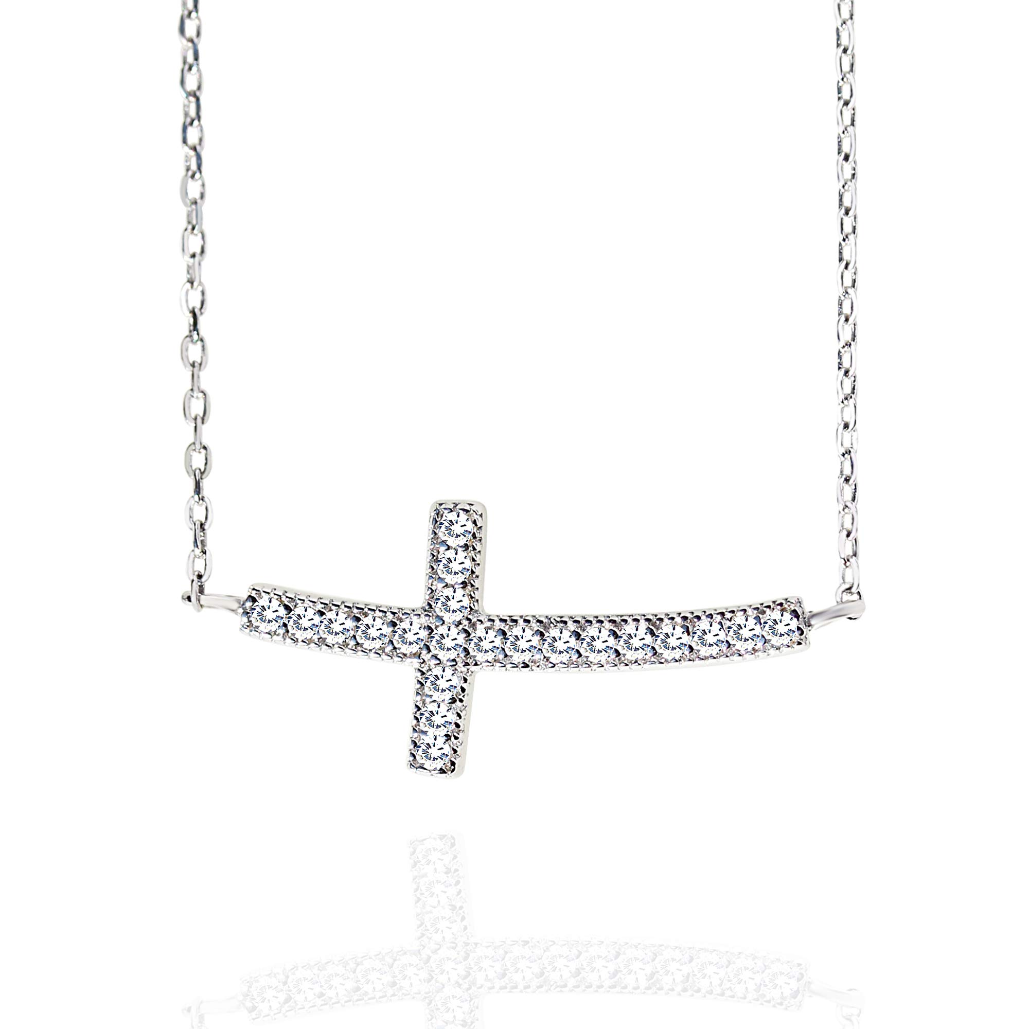 Spoil Cupid Rhodium-Plated Sterling Silver Cubic Zirconia Curved Sideways Cross Chain Necklace,18\