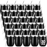 Inbagi 30 Pieces 12 oz Stainless Steel Wine Tumbler Bulk Double Wall Vacuum Insulated Wine Glasses with Lids and Straws Travel Mugs Coffee Tumbler Cups for Wedding Birthday Party Favor Gifts (Black)