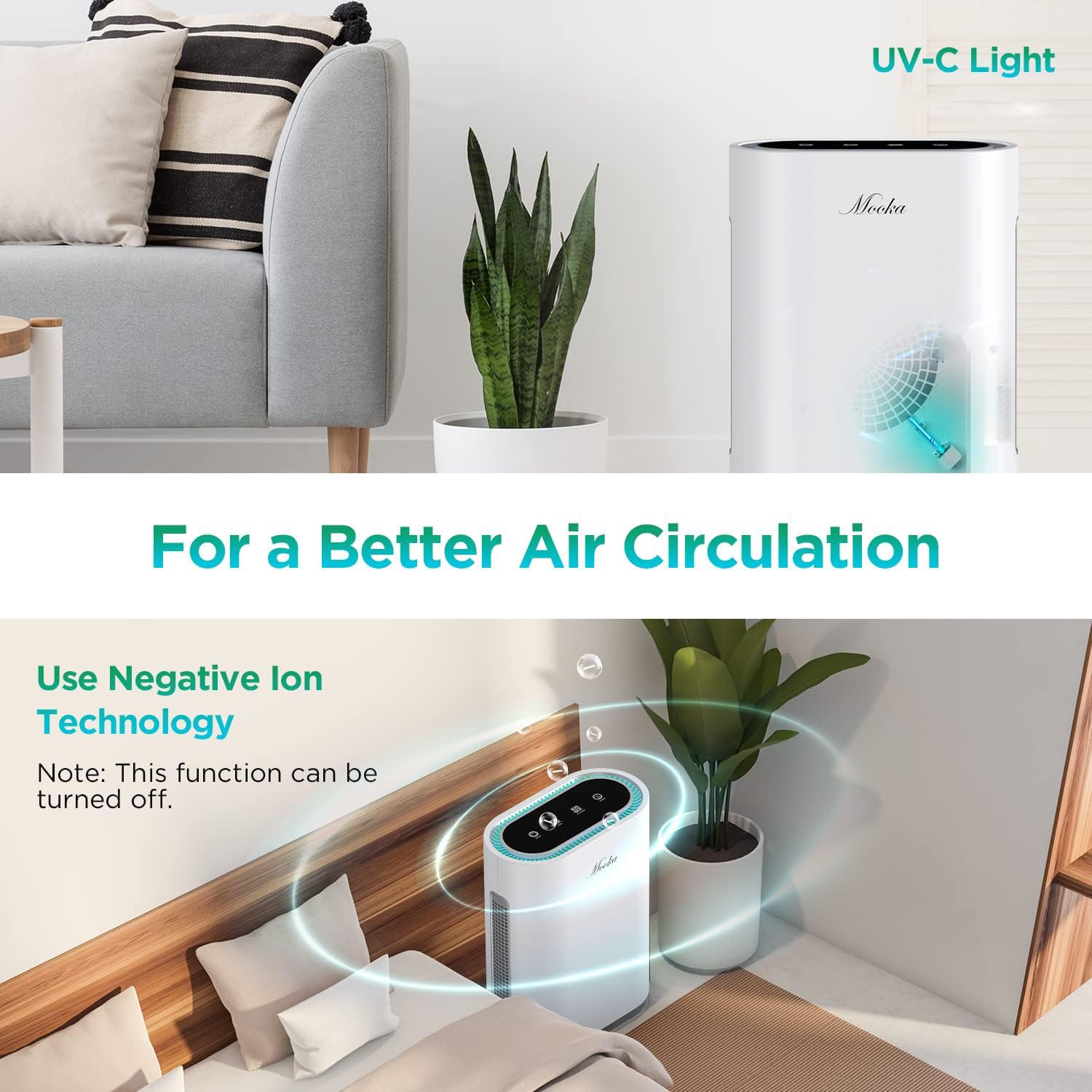 Mooka True HEPA Air Purifiers for Home Large Room, Up to 2,000 ft², Air Purifier for Bedroom with Air Quality Sensor, Timer, Child Lock, Air Cleaner for Pet Danders, Dust, Smoke, Odor
