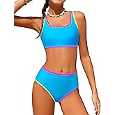 NECIOUS Teen Girls Swimsuits Two Piece Sporty Bikini Sets Color Contrast Trim Adjustable Straps Swimsuit with Chest Pad