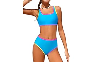 NECIOUS Teen Girls Swimsuits Two Piece Sporty Bikini Sets Color Contrast Trim Adjustable Straps Swimsuit with Chest Pad