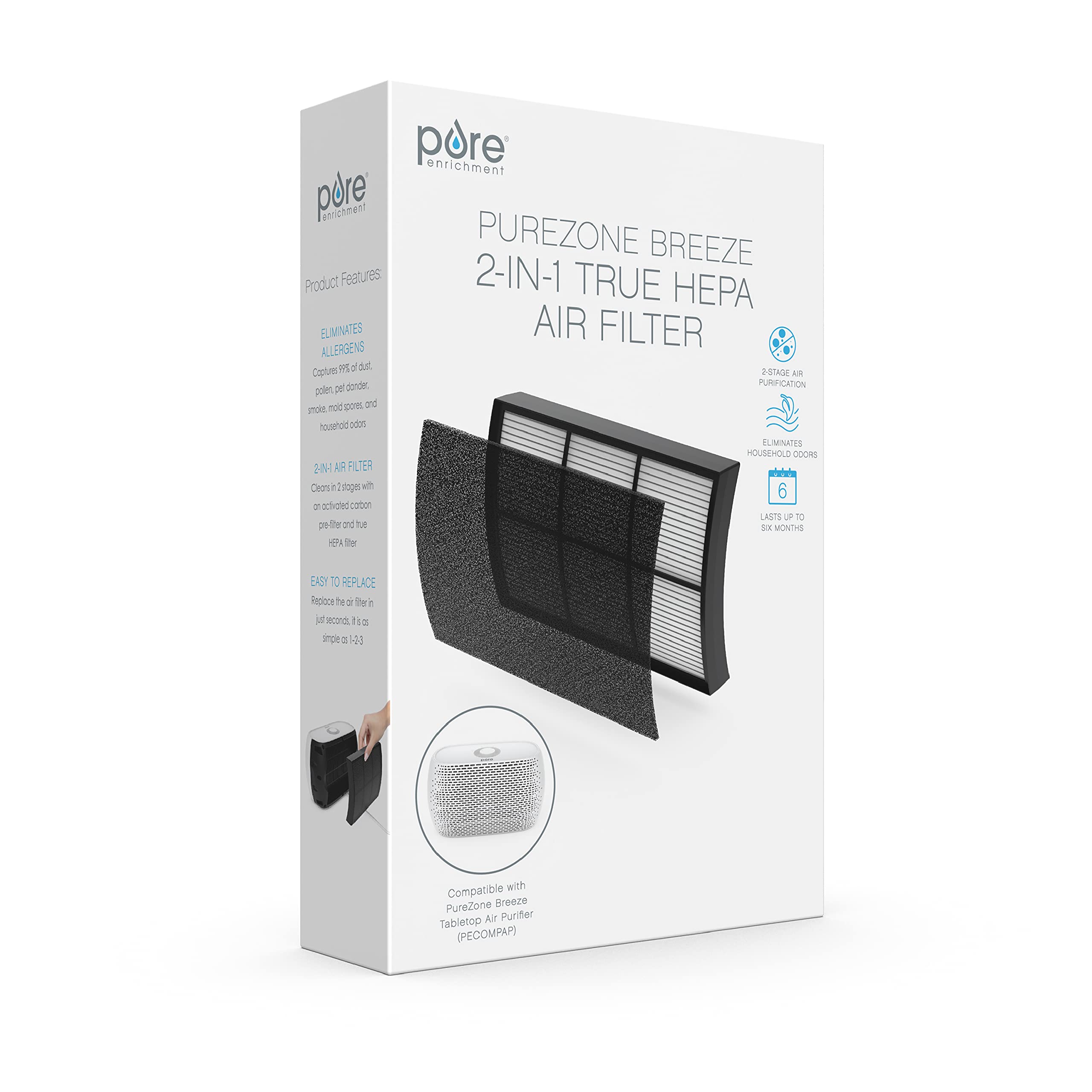 Pure Enrichment® Genuine 2-in-1 True HEPA Official Replacement Filter for The PureZone™ Breeze Tabletop Air Purifier (PECOMPAP)