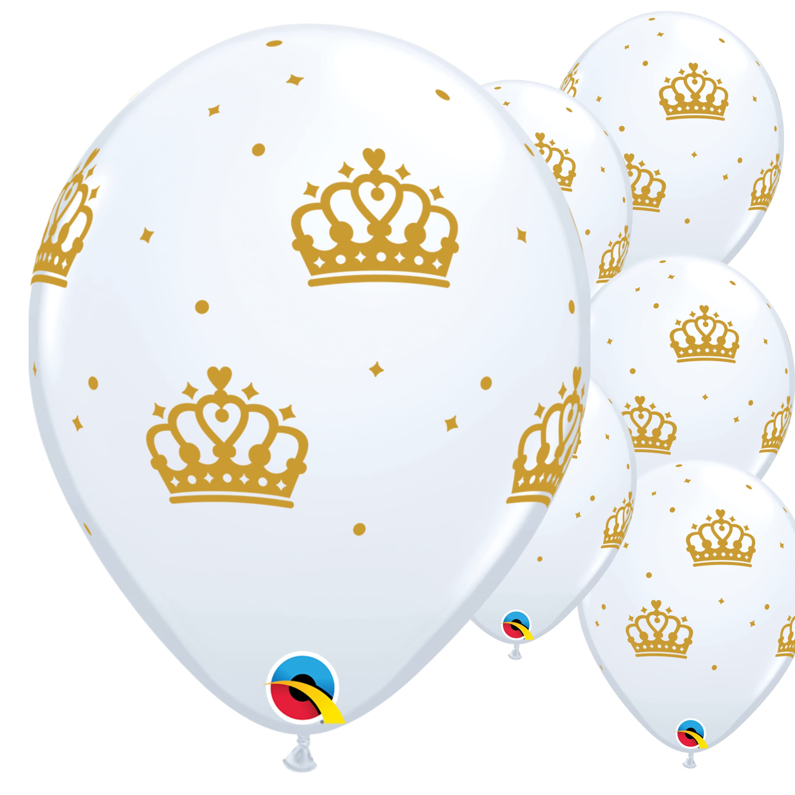 Qualatex Crown Latex Balloons 11" Princess Party Decorations, Pack of 25 Helium Balloons, White & Gold, 24063