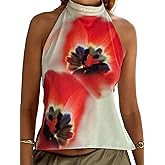 Sunloudy Women Halter Mock Neck Tank Tops Sleeveless Backless Floral Print Top Trendy Open Back Going Out Camisole
