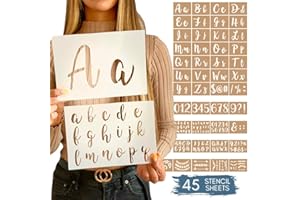 CITRUSY Boutique Calligraphy Stencil Template Kit - 45 Reusable Pieces - Includes Lettering Upper and Lowercase Both Large and Small, Numbers, Punctuation, Laurels and Flowers - for Arts Crafts Painting Wood
