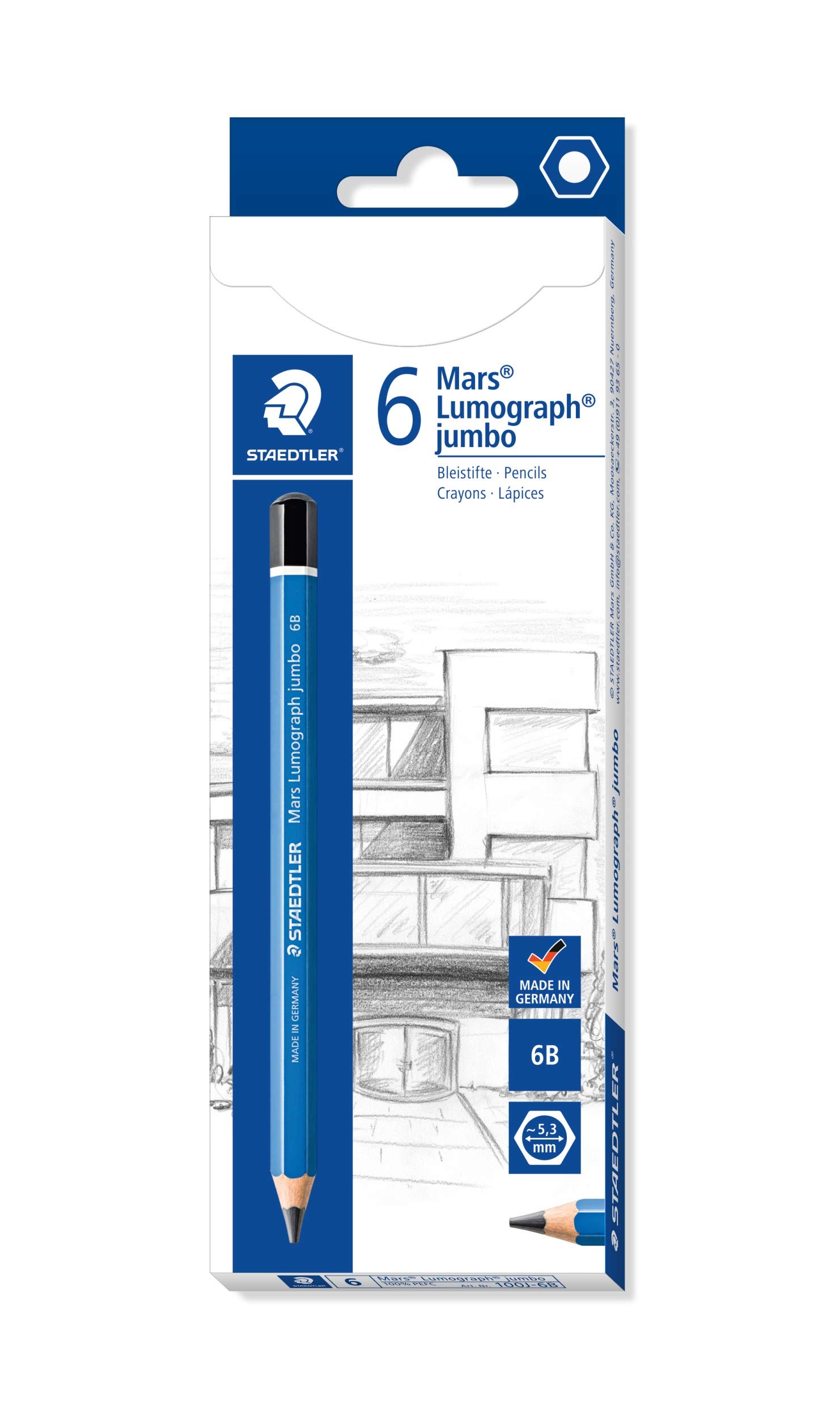 Mars Lumograph Jumbo 100J-6B Graphite Pencil Large Module Box 6 Grade 6B