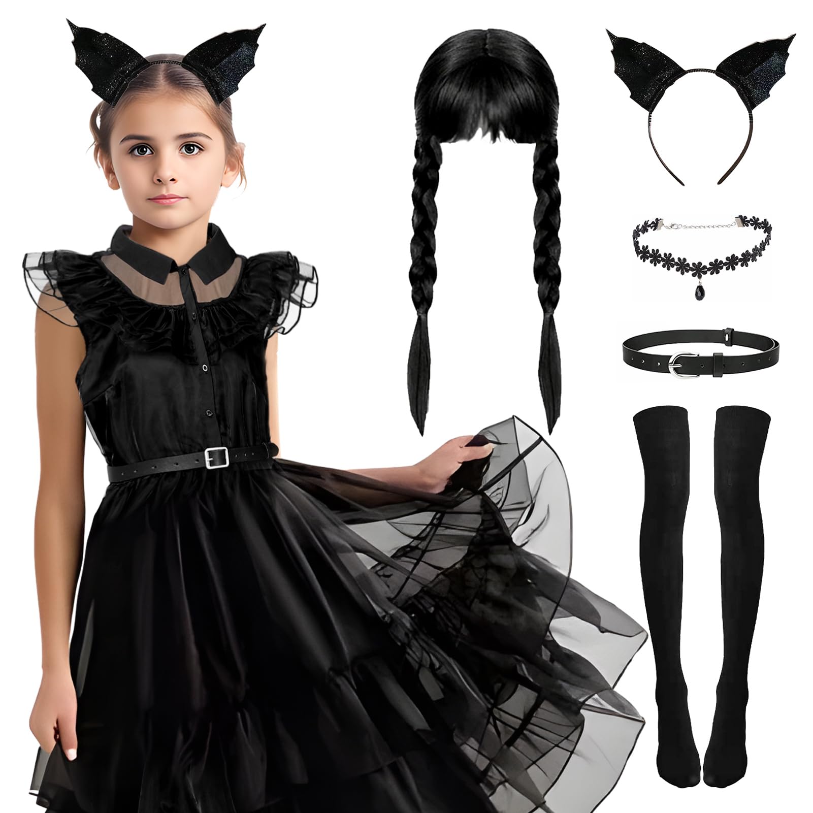 Alaiyaky Wednesday Costume Set, Evening Dress for Girls Black Dress Prom Dresses Outfits with Wig Headband Necklace Belt Socks, Black Bodycon Dress Ball Gowns for Women Party (Girls A, 140)