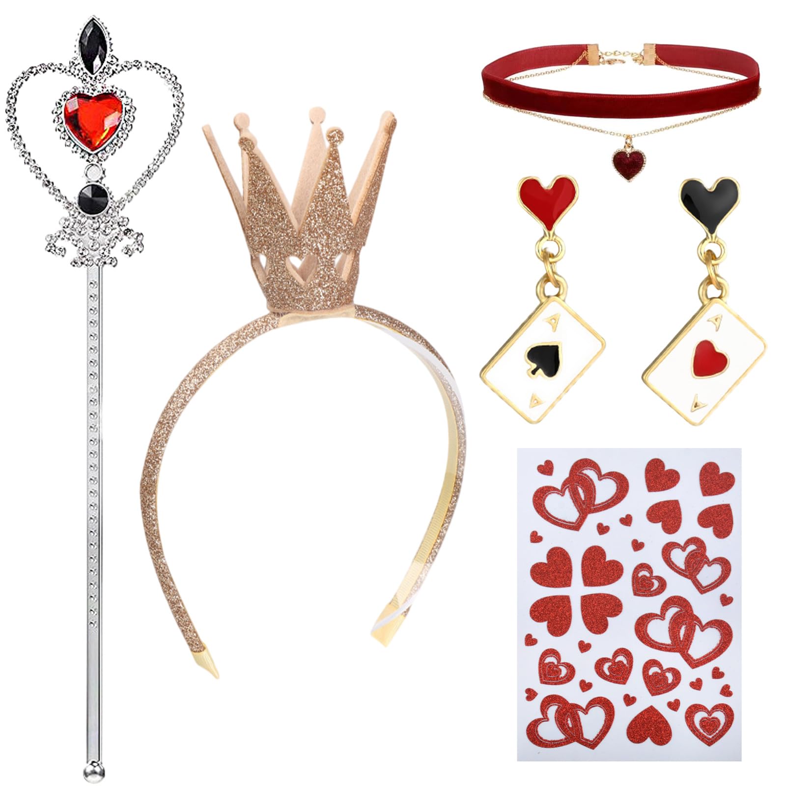GWAWG 5Pcs Queen Costume Sets for Women, Crown Headband Red Black Heart Dangle Earrings Heart Necklace Scepter for Adults Halloween Carnival Cosplay Party Accessories