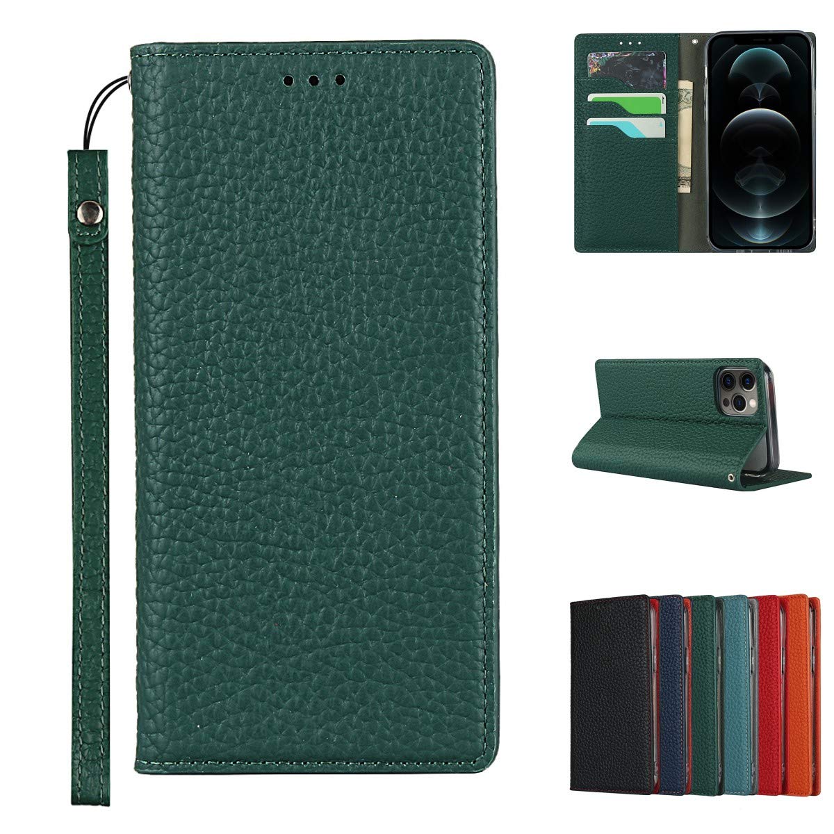 Copmob Case Compatible for iPhone 12/12 Pro With Card Holder With Strap,Genuine Leather Flip Wallet Case,[3 Slots][Magnetic Closure][RFID-Blocking],Phone Case Cover for iPhone 12/12 Pro - Dark Green