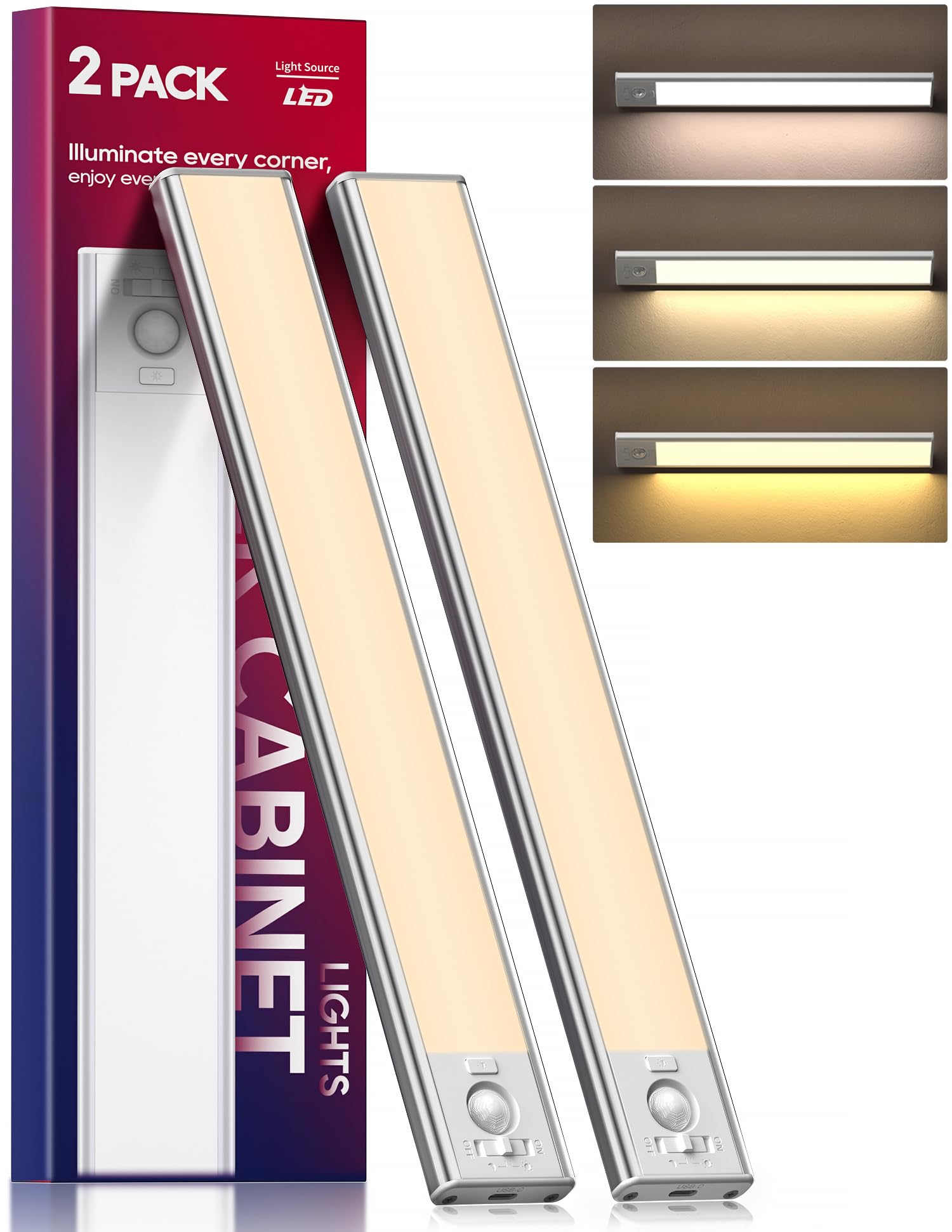 Photo 1 of 2 Pack Under Cabinet Lighting, 3 Color Temperatures Motion Sensor Light Indoor, LED Rechargeable Cabinet Lights, Stick-On Magnetic Closet Light, Wireless Under Counter Lights for Kitchen, Stair