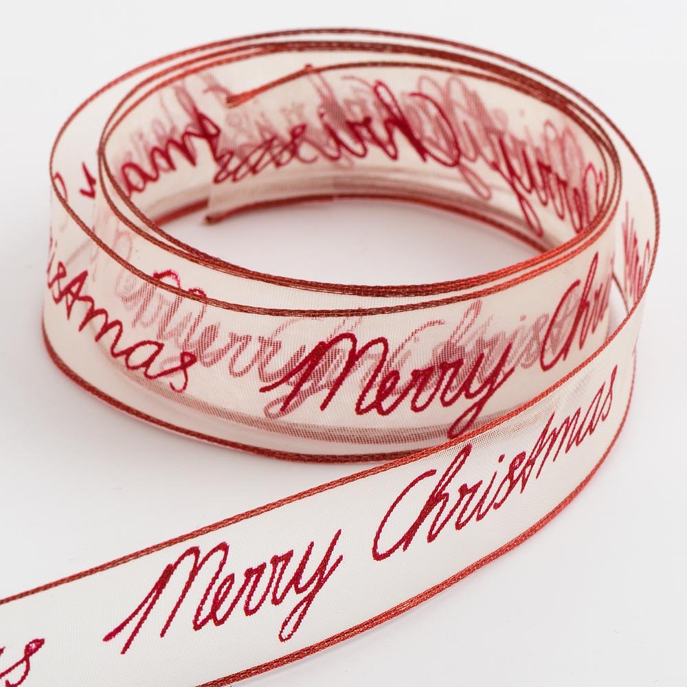 Italian Options Merry Christmas Red Organza Ribbon, Wired Christmas Ribbon for Gift Wrapping, Crafts, Weddings, Wreaths, Tree Decorations, Red, 25 mm x 10 Metre Roll — image 1