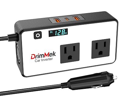 DrimMek 200W Car Power Inverter, Car Plug Adapter Outlet 12V to 110V Converter with 24W USB Fast Charging Port, Dual AC Outlet for Laptop, Vehicles, Camping (LED Display)