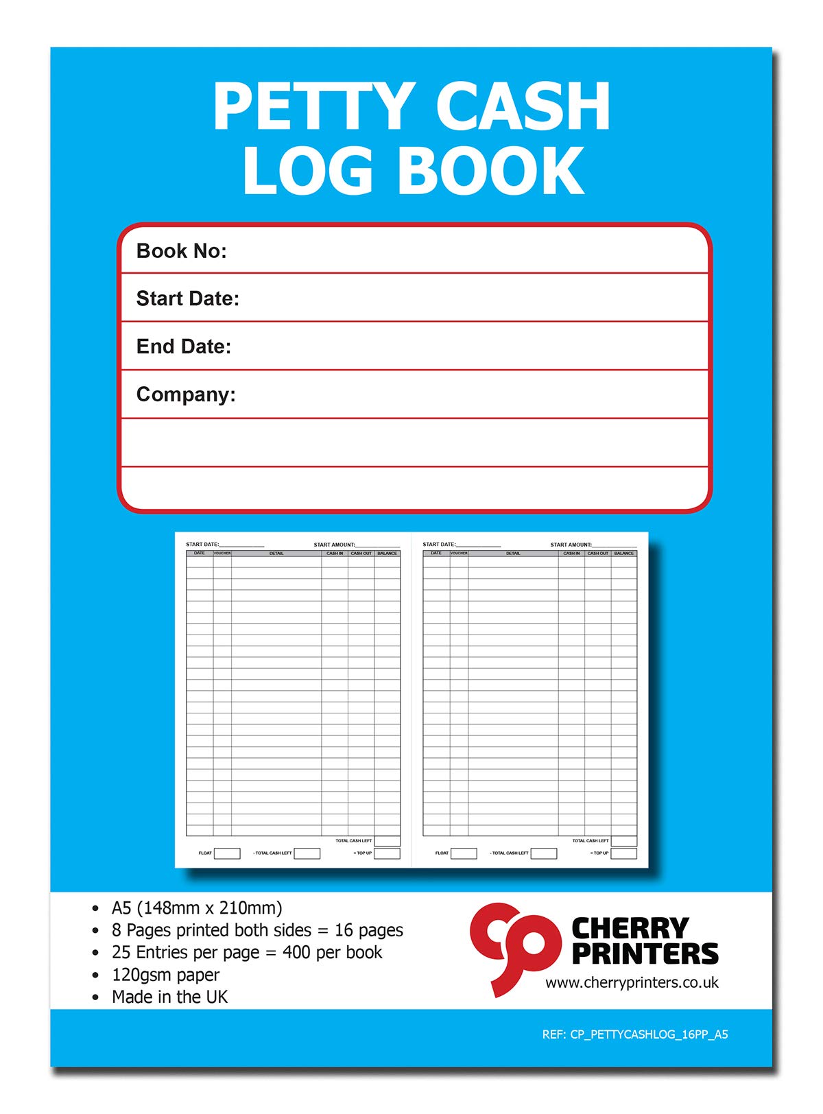 Cherry Petty Cash Log Book A5 16pages 120gsm