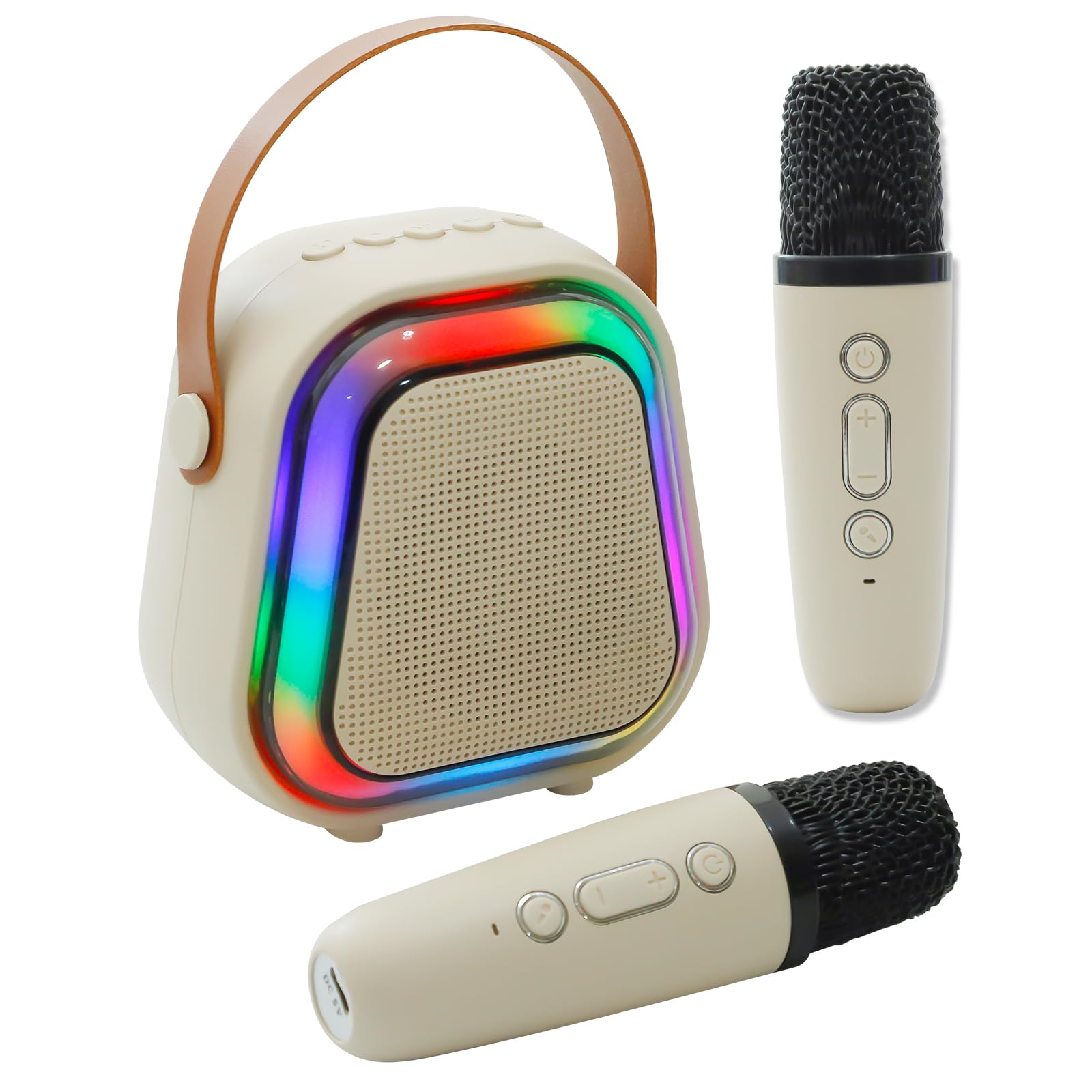 Mini Karaoke Machine for Kids, Portable Bluetooth Karaoke Speaker with 2 Wireless Microphones for Adults & Kids and Lights, Speaker Singing Birthday Gifts for Girls, Home Party Family (Beige+2 Mic)