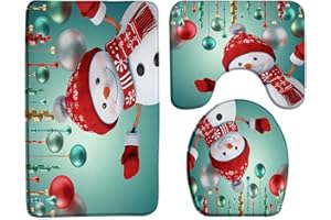 ZKJSMGS Christmas Snowman 3 Piece Bath Rug Sets,Cute Teal Snowman Xmas Dress Up Balls Ribbon Winter Holiday Festival Celebration Lovely 17.8"x29.5"Bath Rug,Toilet Seat Cover, U-Shaped Toilet