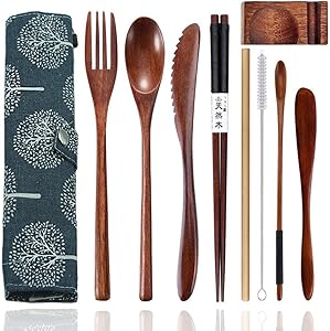 Wooden Utensils for Eating Travel Reusable Utensils Flatware Flatware Set with Case 9 Pcs Wood Bamboo Cutlery Set with Wooden Spoons and Forks for Eating