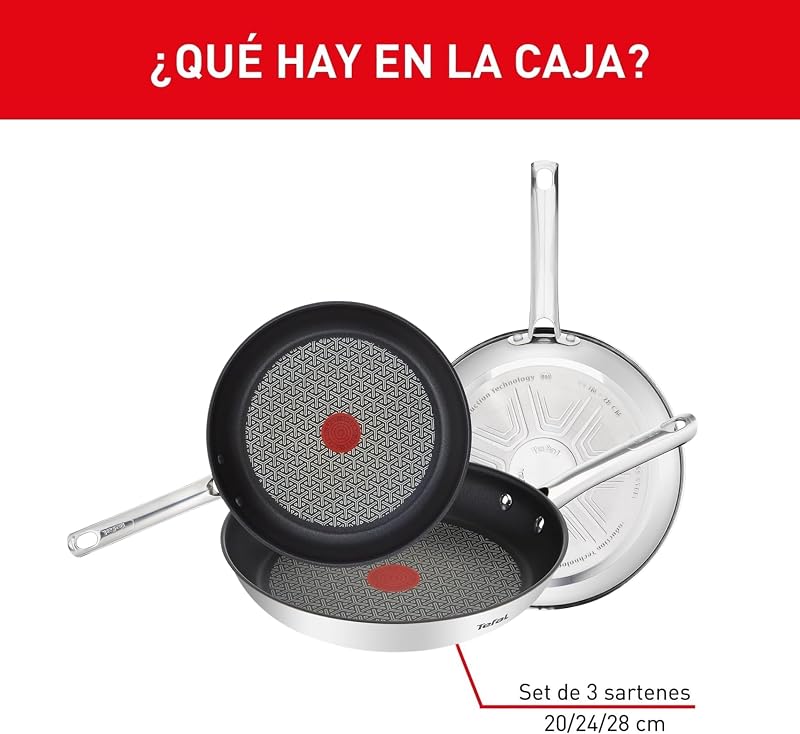 Tefal duetto - frigideiras antiaderentes, fundo grosso, resistente a impactos reforçado, fácil limpeza, todos os tipos de placas, cor ferro, conjunto de 3 frigideiras em aço inox 20/24/28 cm