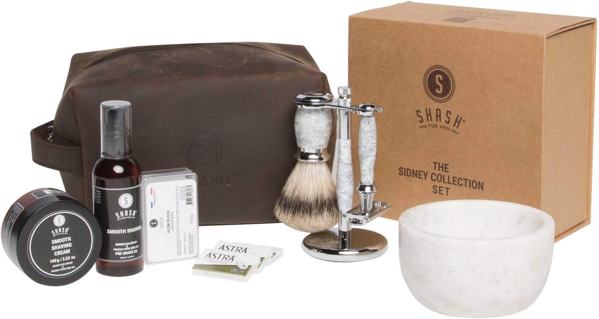 SHASH Sidney Collection Shaving kit, Shaving set White - Includes Butterfly Razor, Best Badger Brush, Stand, Pre-Shave Oil, Shaving Cream, and Double Edged Blades - Premium Quality Brass and Chrome