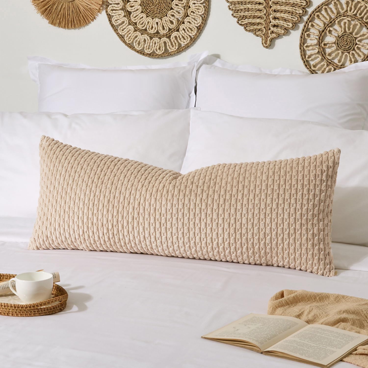 Photo 1 of Kevin Textile 14x36 Inch Long Lumbar 1 Pack Boho Decorative Throw Pillow Cover Soft Striped Corduroy Rectangle Cushion Case Farmhouse Solid Color Accent for Living Room Couch Sofa Bed, Beige