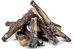 Hisencn Gas Fireplace Logs, 10 Piece Ceramic Wood Log Set for Indoor Outdoor Fireplaces, Vented, Propane, Gas Inserts, Vent-Free, Gel, Ethanol, Electric, Fire Pits Decoration(Large)