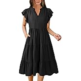 Hount Women's Summer Casual Dress 2026 V Neck Ruffle Sleeve Midi Sundress Flowy Tiered Hawaiian Beach Dresses with Pockets