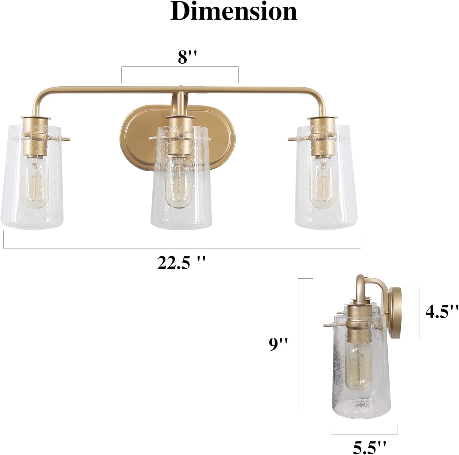 KSANA Gold Vanity Light 3 Modern Bathroom Fixture with Seeded Glass Shade - - 