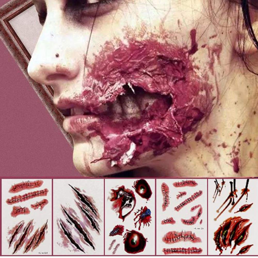 20 Halloween Temporary Tattoos, Halloween Zombie Scars Tattoos Stickers with Fake Scab Blood Special Fx Body Makeup Props