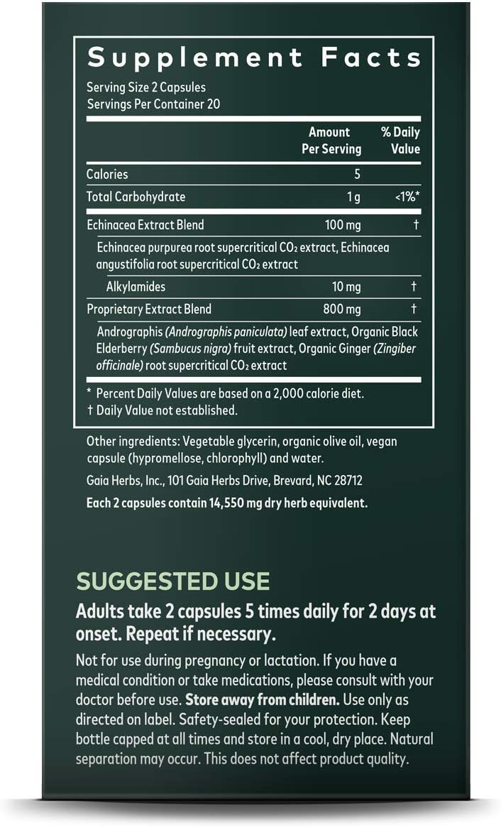 Gaia Herbs, Quick Defense, Fast-Acting Immune Support, Echinacea, Ginger Root, Sambucus Black Elderberry, Vegan Liquid Phyto Capsules, 40 Count: Health & Personal Care