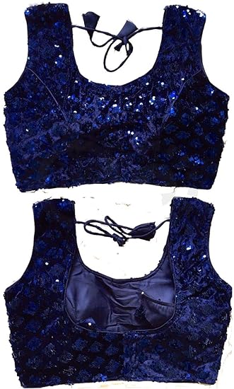 Women's Sequence & Thread Work Readymade Sleeveless Blouse (Navy Blue)