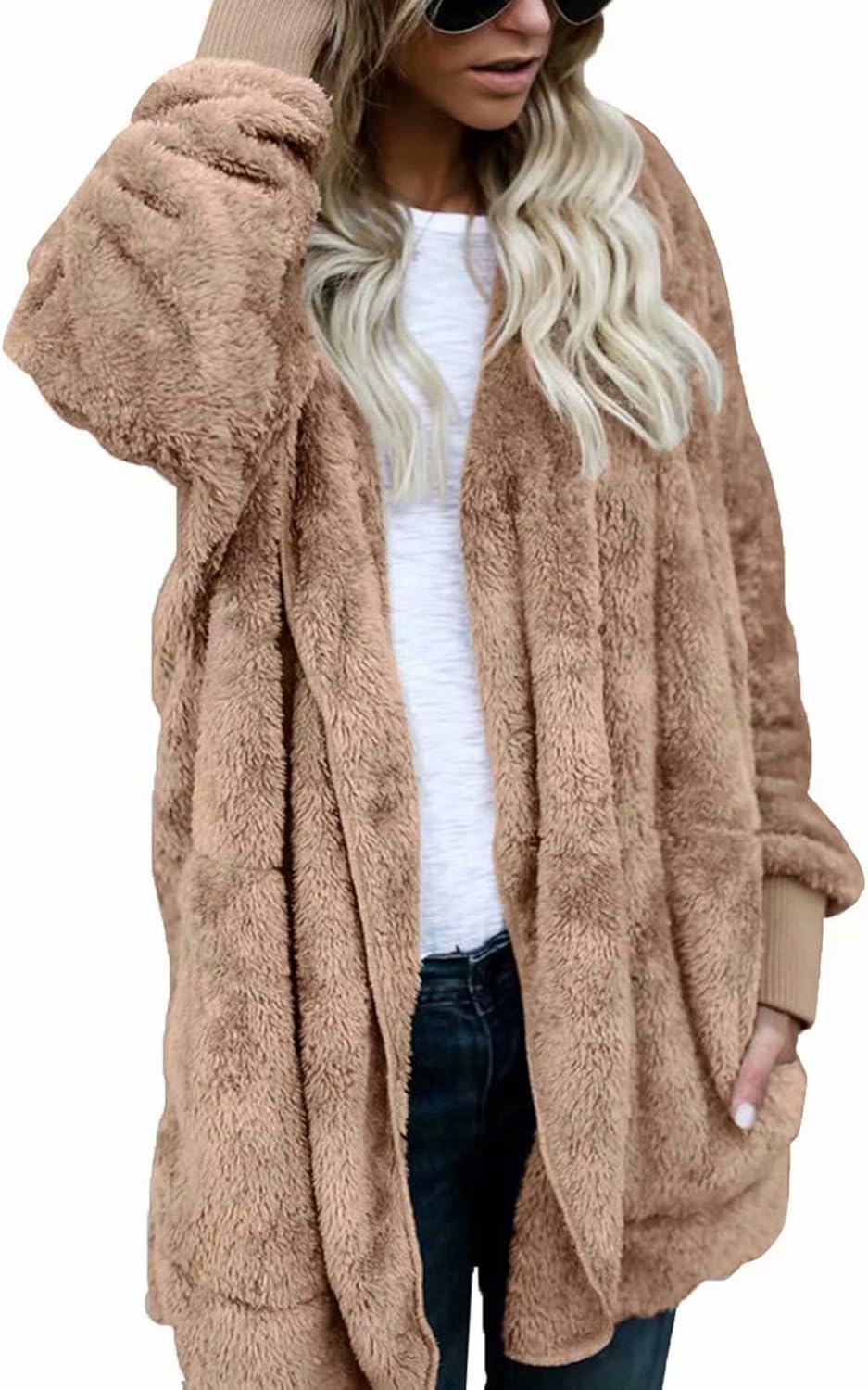 ThusFar Women Fuzzy Fleece Jacket Open Front Hooded Cardigan Coat Outwear Pockets at  Women’s Clothing store