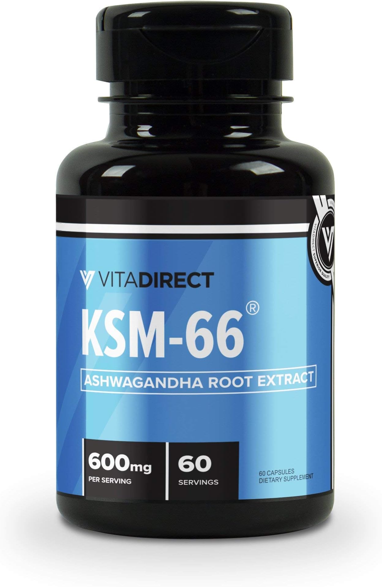 VitaDirect Premium KSM-66 Ashwagandha Extract(Root), 600mg , 60 Vegetarian Pills (Plus 5mg BioPerine, Black Pepper Extract)