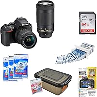 Nikon デジタル一眼レフカメラ D5600 ダブルズームキット ブラック D5600WZBK + アクセサリー5点セット（SDカード 64GB、液晶保護フィルム、ドライボックス、乾燥剤、レンズクリーニングティッシュ）