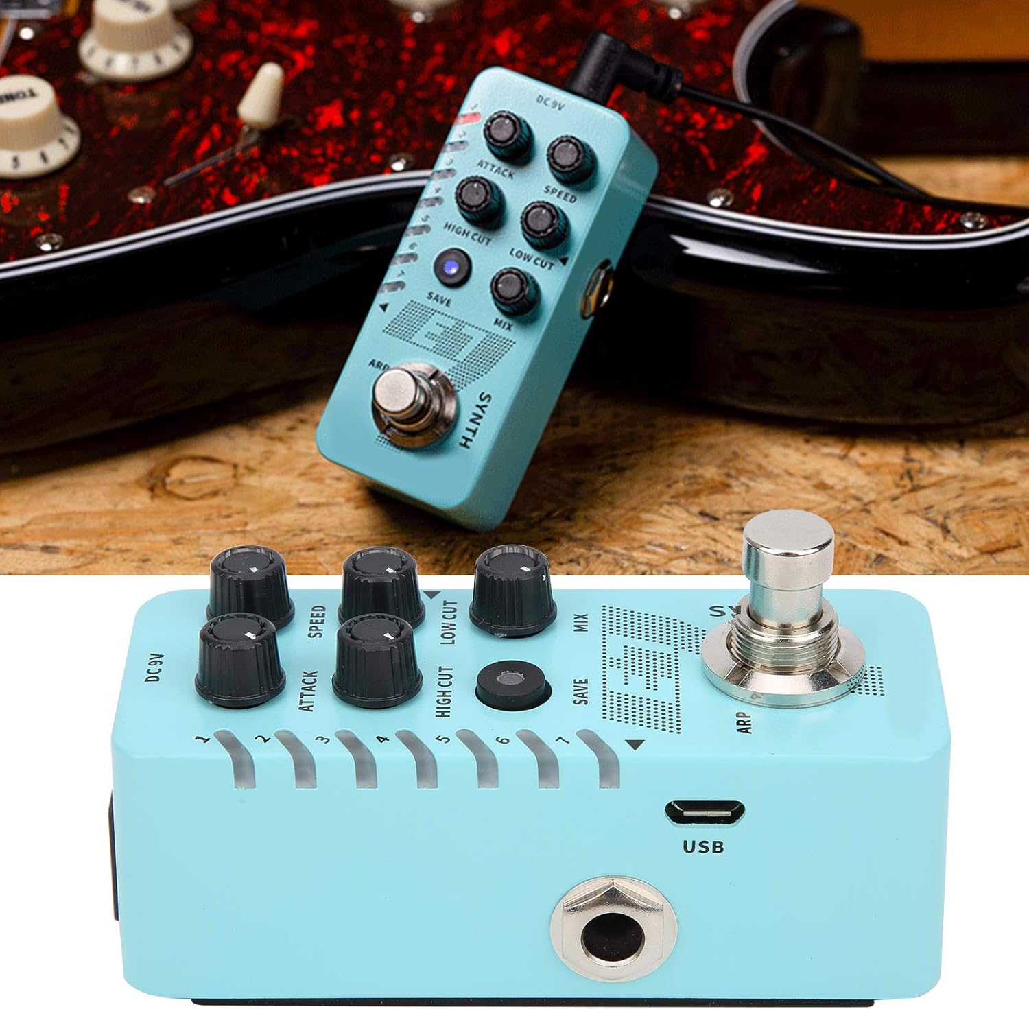 Synth Guitar Pedal, E7 Polyphonic Effect Synthesizer 9V DC transformer 7 Types Custom Tones