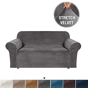 H.VERSAILTEX Real Plush Velvet Sofa Cover Stretching Skid Resistance Slipcover/Furniture Cover for Living, Thick and Soft Velvet Modern Sofa Slip Covers with Bottom Security, Grey, Loveseat Cover