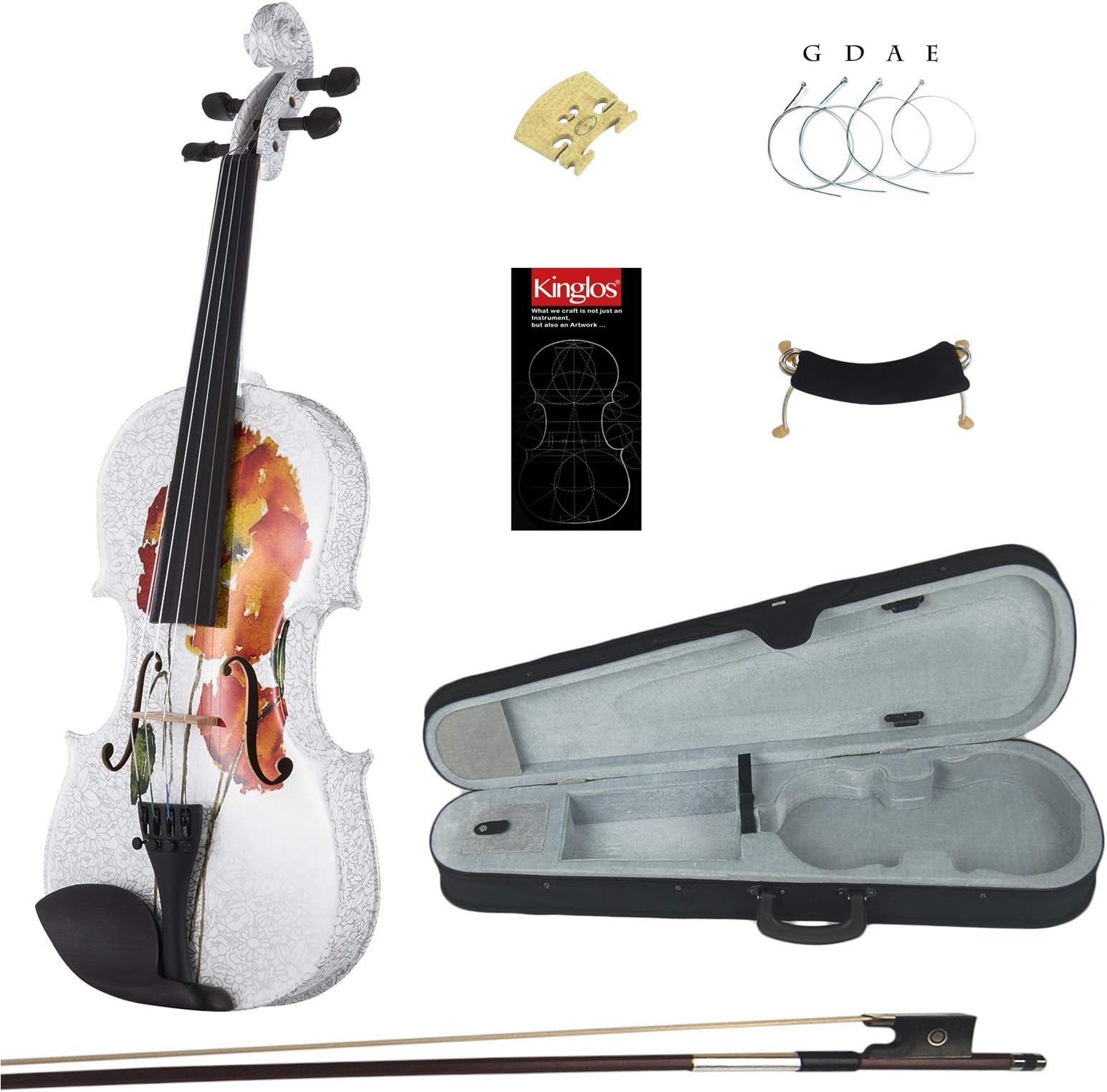Kinglos 4/4 Flower Colored Ebony Fitted Solid Wood Violin Kit with Case, Shoulder Rest, Bow, Manual, Extra Bridge and Strings Full Size (NHS3001)