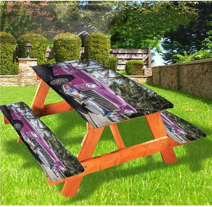 Cars Picnic Table and Bench Fitted Tablecloth Cover,Cabriolet Parked on