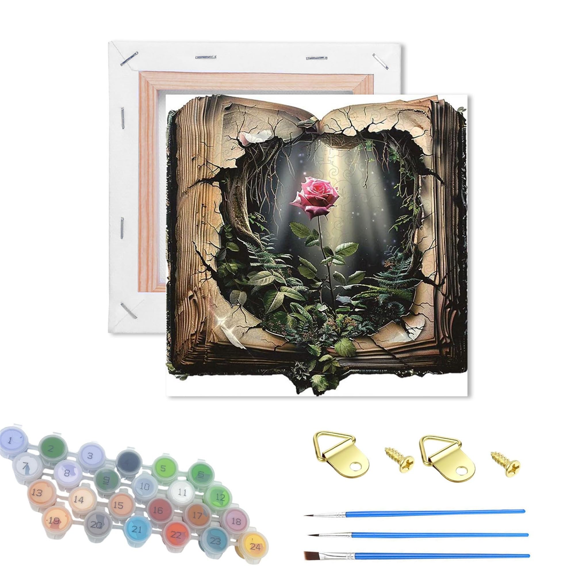 WUJIEJ DIY Paint by Number for Adults,Wooden Framed Painting Kits for Adult,Small Easy Color by Numbers Acrylic Canvas Crafts Watercolor for Beginner Room Decor (Enchanted Rose in a Book)