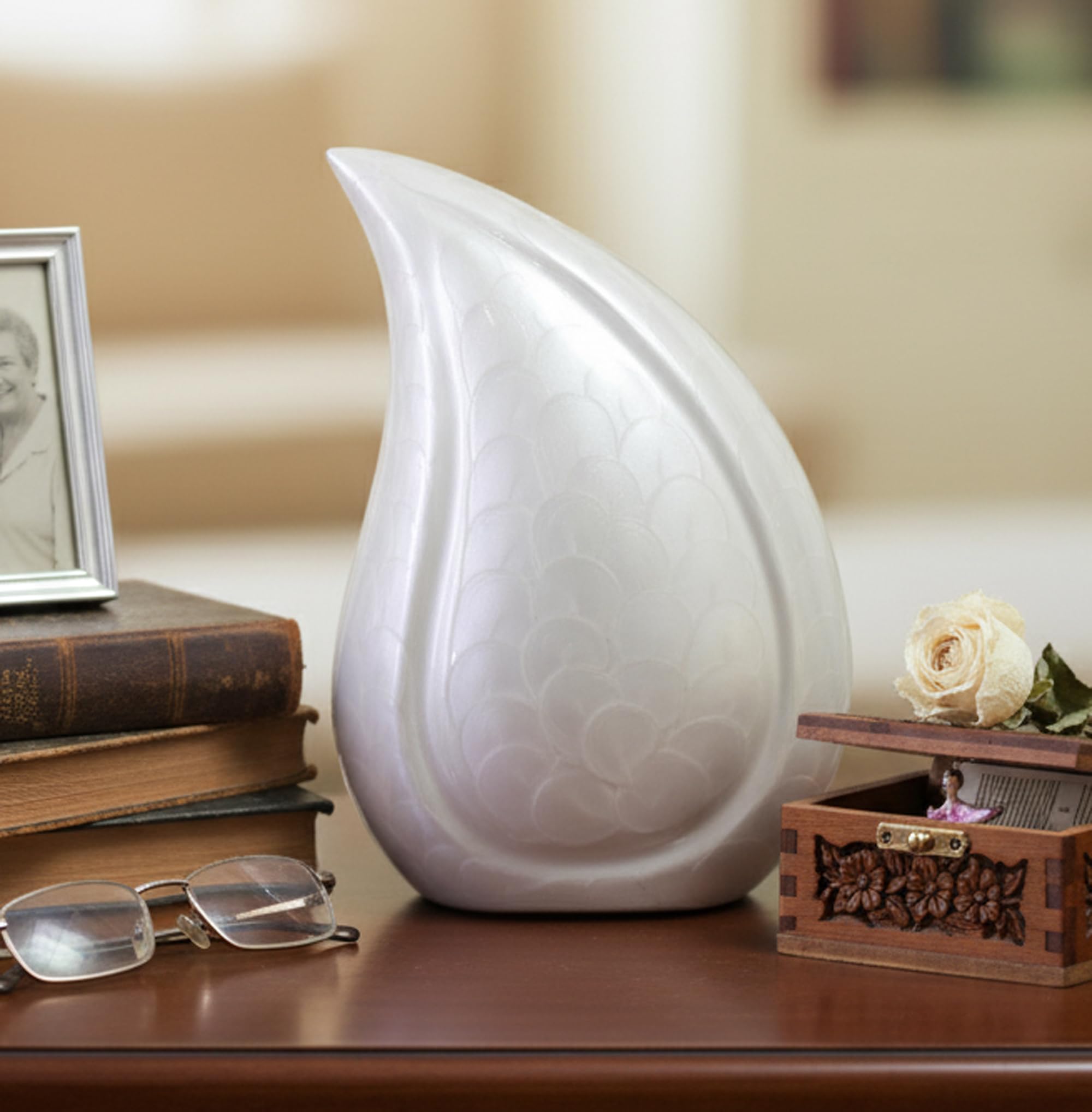 eSplanade Teardrop Cremation Urn Memorial Container Jar | Metal Burial Urn (White)