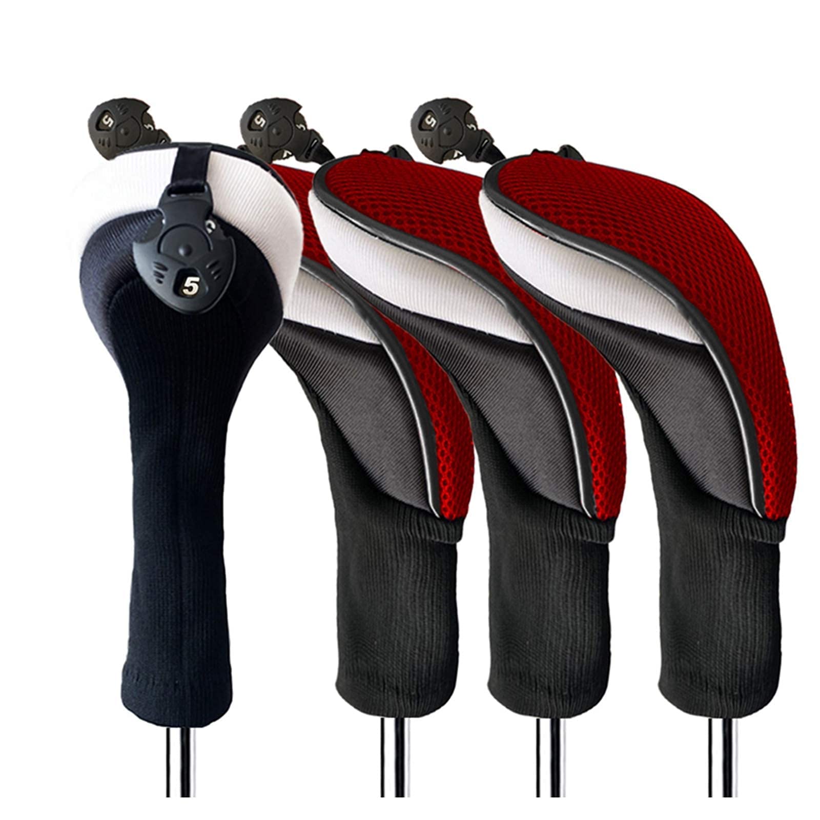 FINGER TEN Golf Club Head Covers Woods Hybrids Long Cover, Headcovers with Interchangeable No. Tags Fit All Hybrids Wood Clubs Light Durable (Red-4 Pack Hybrid Covers)