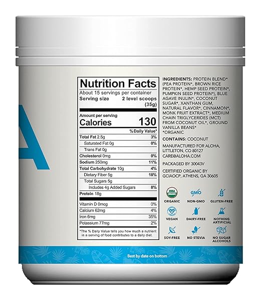 ALOHA ORGANIC PLANT BASED PROTEIN POWDER, STEVIA FREE, VANILLA, 19.6 OZ, 15 SERVINGS PACKAGING MAY VARY