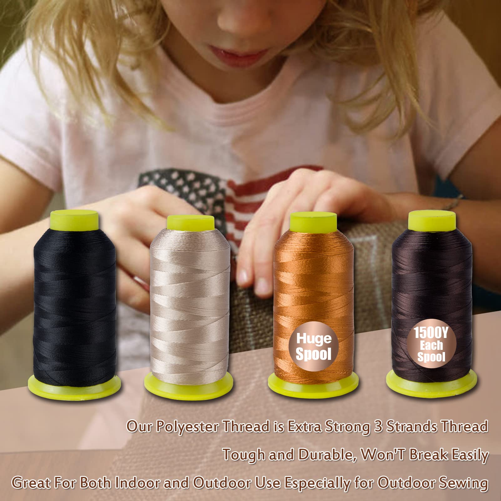 4Pcs Bonded Nylon Thread for Sewing, 210d/3 Upholstery Thread, 4 Cone of 1500 Yards Each Leather, Serger Overlock Machine for Sewing Hair Extension