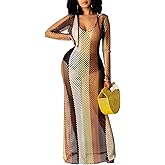 YouSexy Women's Sexy Swimsuit Maxi Dress Cover Up Long Sleeve Hollow Out Fishnet See Through Summer Beach Swimwear