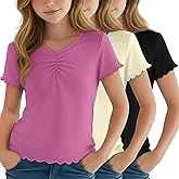 LessonZoo 3 Pack Girls Short Sleeve Tops V Neck Loose Fit Baggy Chest Ruched Tees Kids Youth Basic Casual Soft Shirts Summer